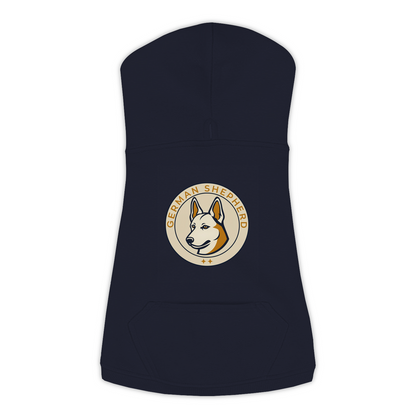 German Shepherd dog hoodie in Navy — vintage roundel badge print on cosy fleece pullover