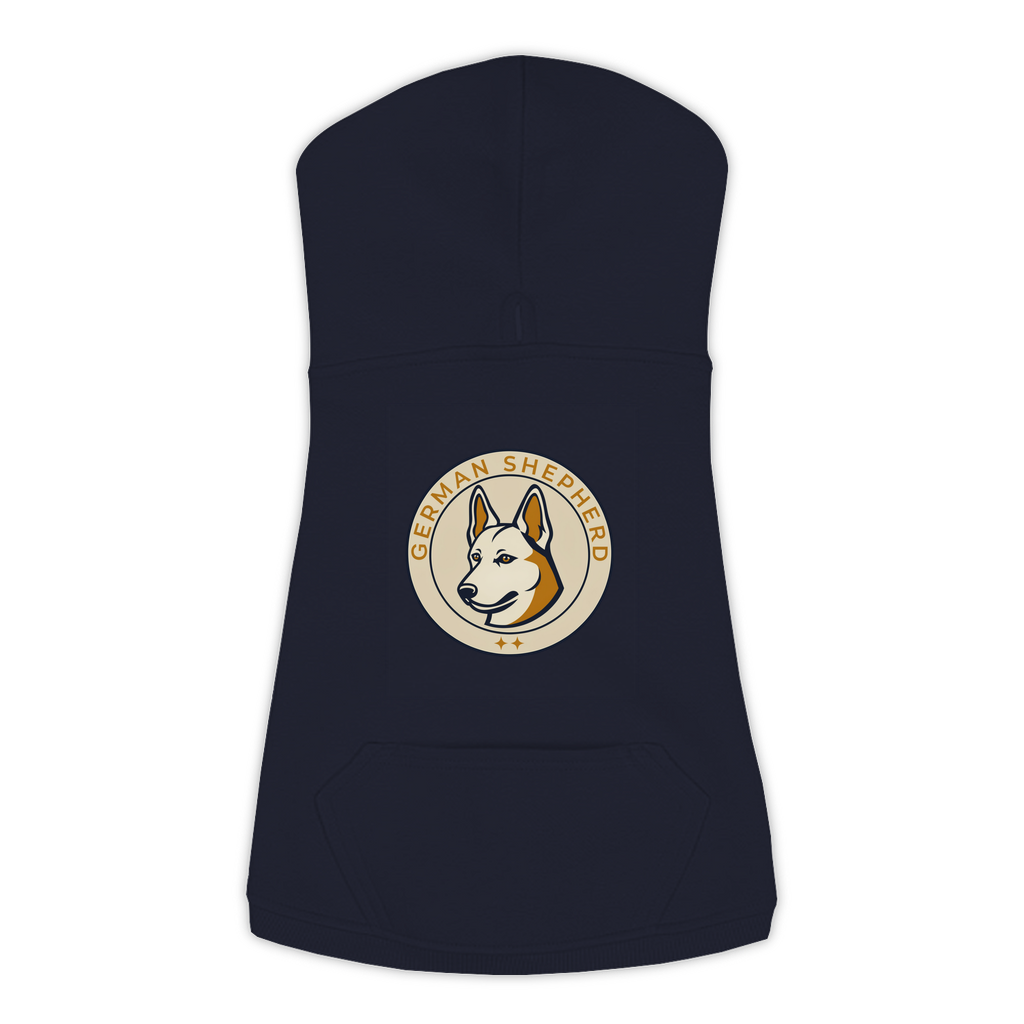 German Shepherd dog hoodie in Navy — vintage roundel badge print on cosy fleece pullover
