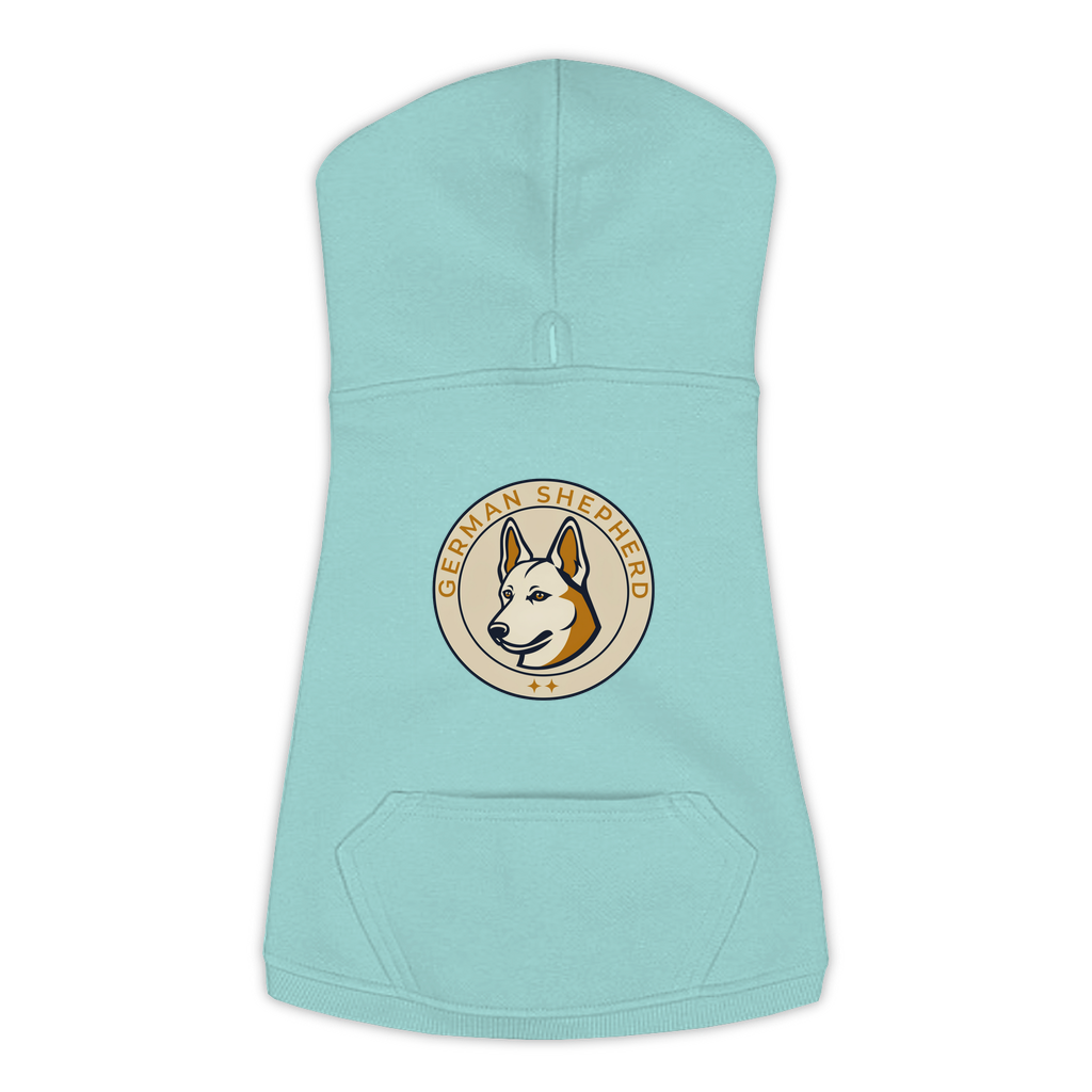 German Shepherd dog hoodie in Saltwater — vintage roundel badge print on cosy fleece pullover