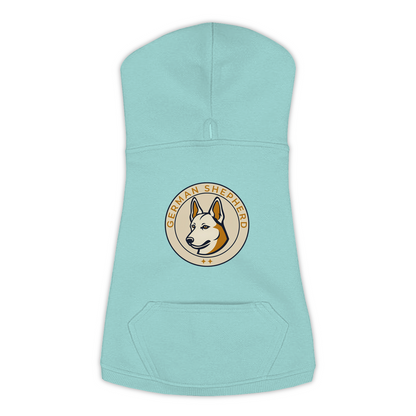 German Shepherd dog hoodie in Saltwater — vintage roundel badge print on cosy fleece pullover
