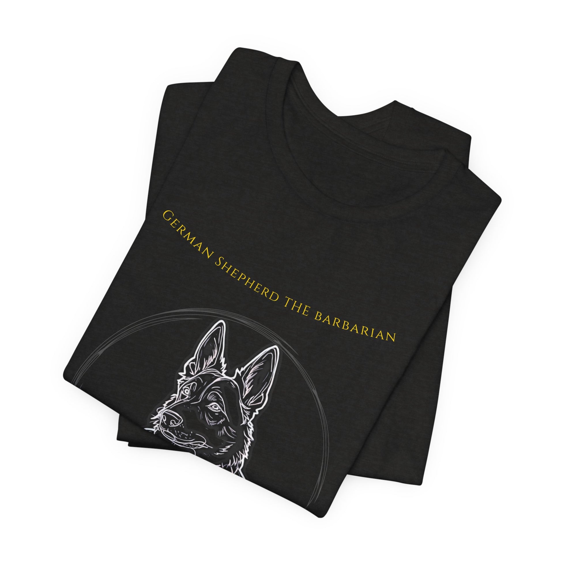 German Shepherd The Barbarian T-Shirt worn by model outdoors