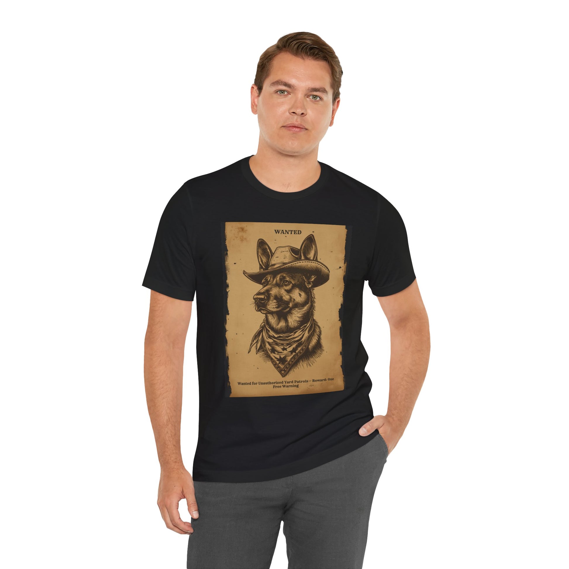 Model wearing the German Shepherd Wanted Outlaw tee, side angle