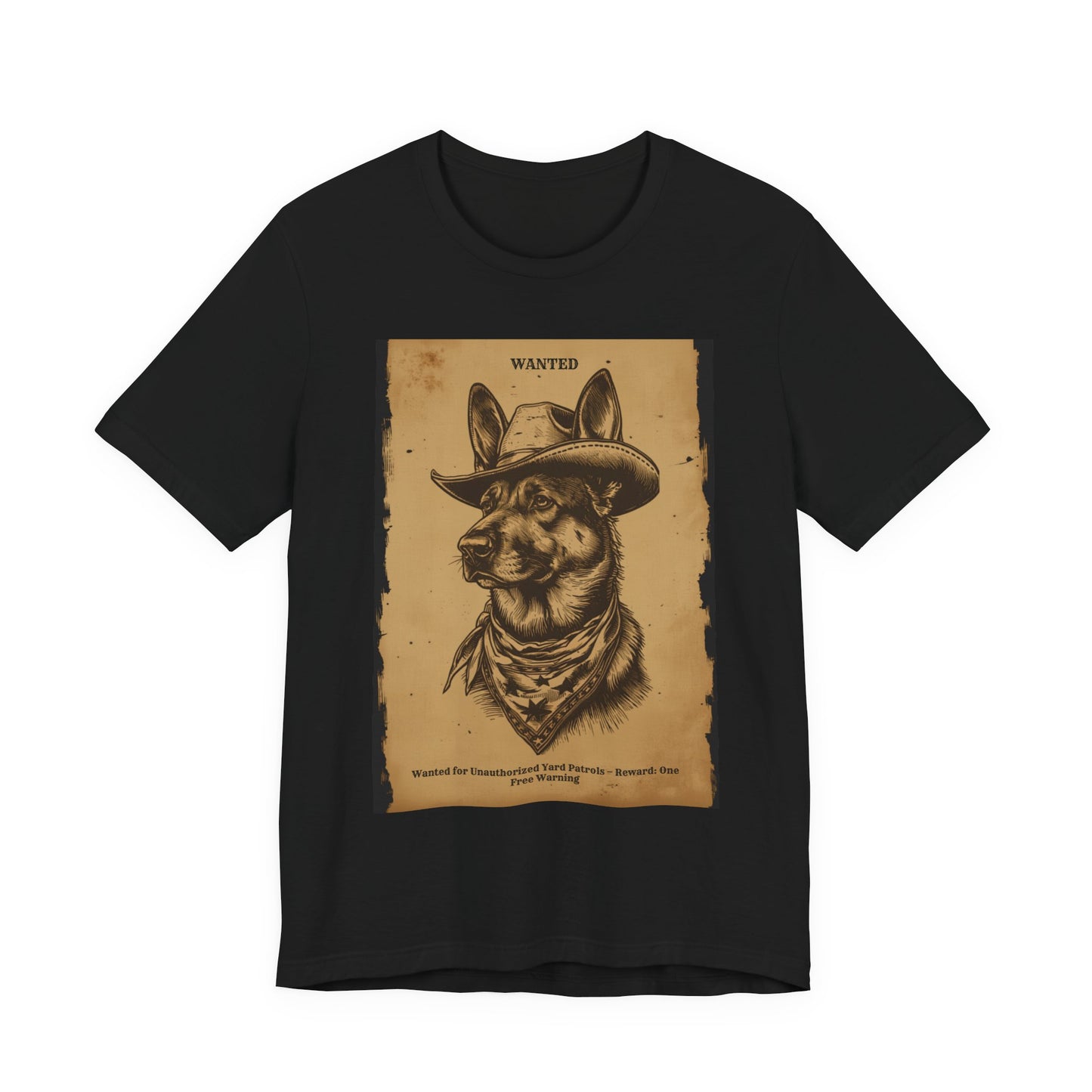 Flat lay of the German Shepherd Wanted Outlaw t-shirt
