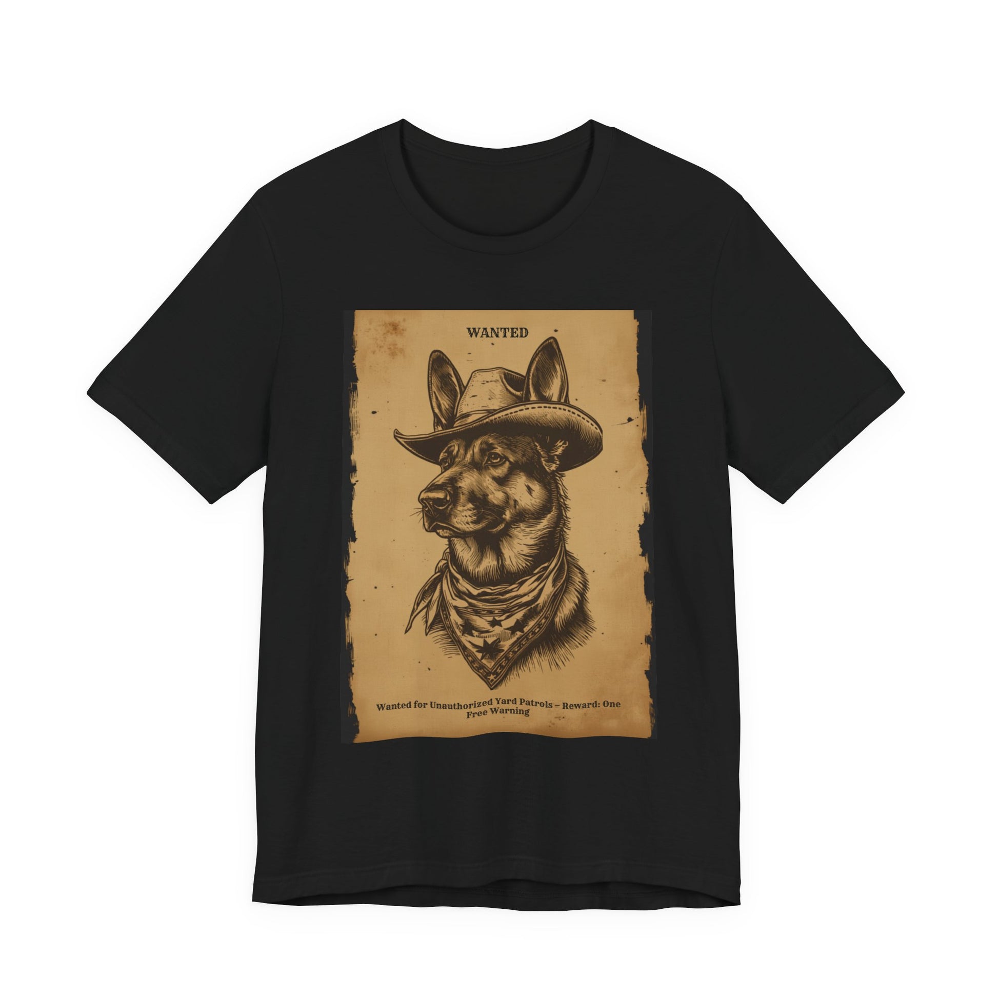 Flat lay of the German Shepherd Wanted Outlaw t-shirt