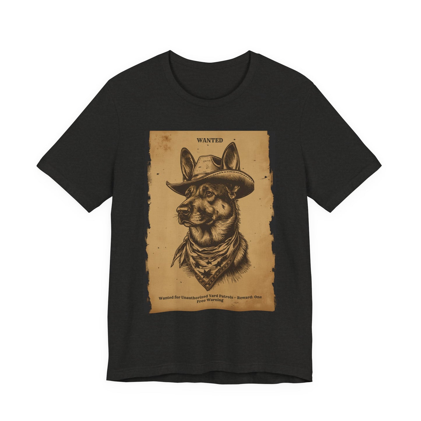 Model wearing the German Shepherd Wanted Outlaw tee, front pose