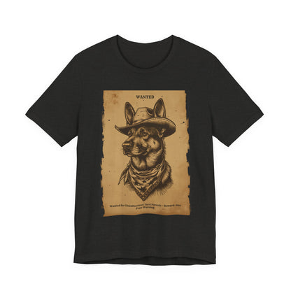 Model wearing the German Shepherd Wanted Outlaw tee, front pose