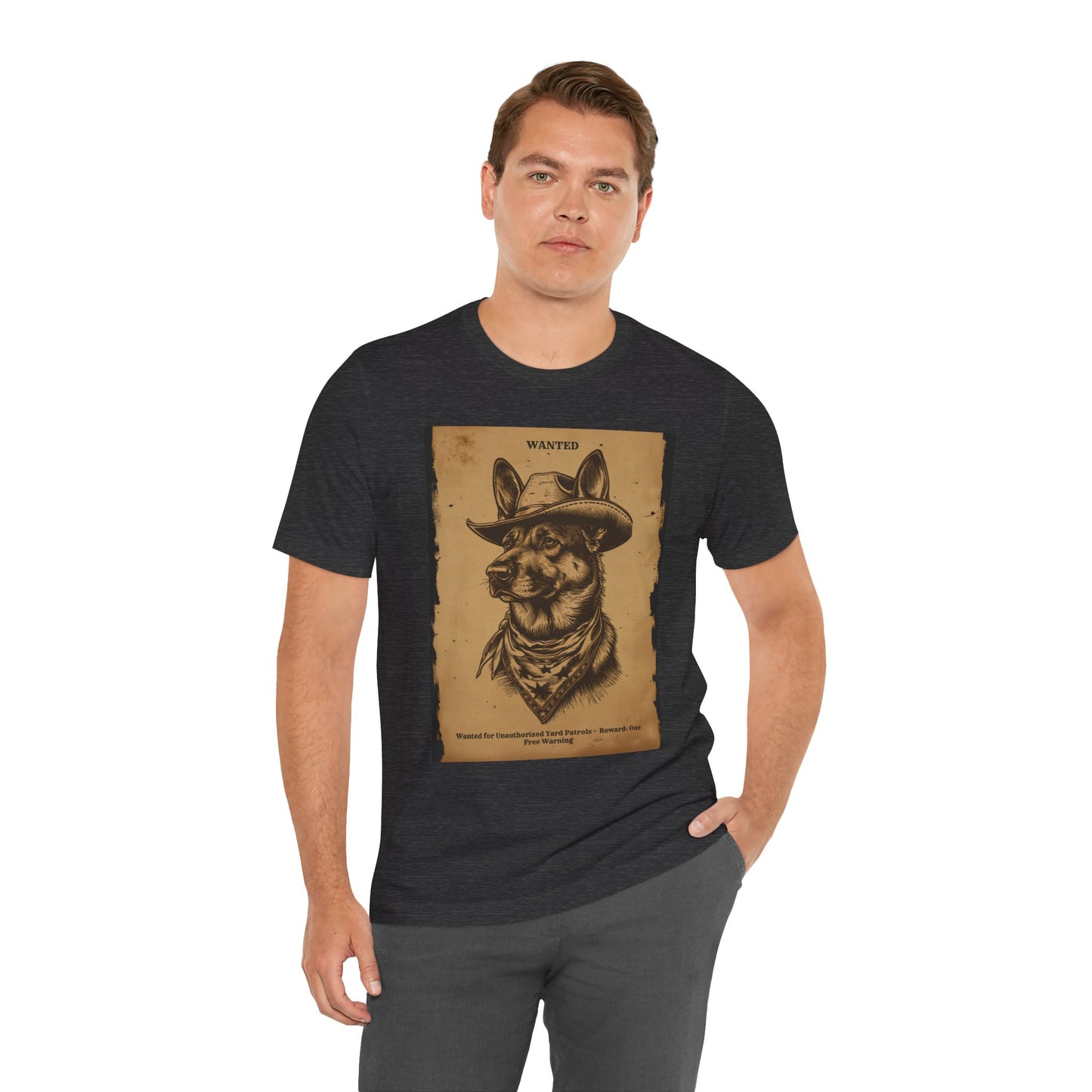 Black Heather colourway of the German Shepherd Wanted Outlaw t-shirt