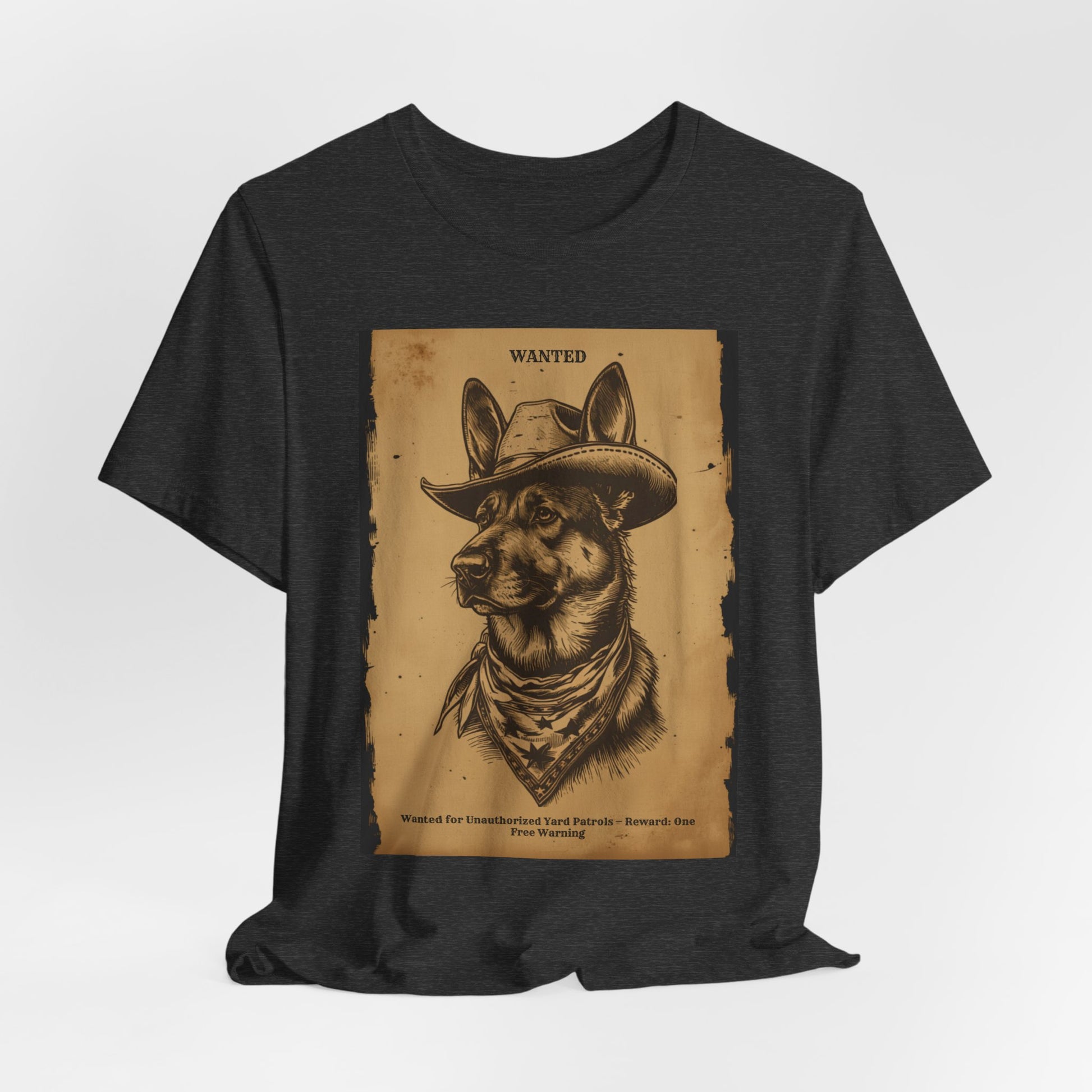 Gift-ready photo of the German Shepherd Wanted Outlaw tee