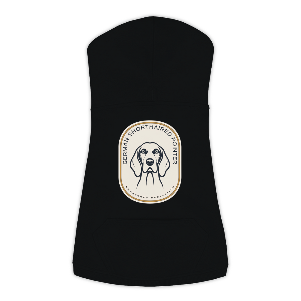 German Shorthaired Pointer dog hoodie in Black — gold crest emblem print on cosy fleece pullover