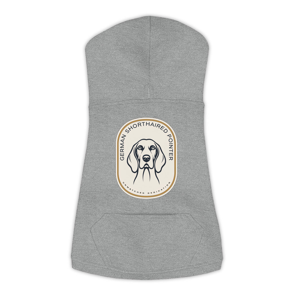 German Shorthaired Pointer dog hoodie in Granite Heather — gold crest emblem print on cosy fleece pullover