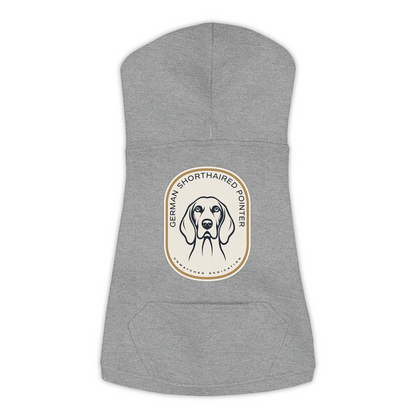 German Shorthaired Pointer dog hoodie in Granite Heather — gold crest emblem print on cosy fleece pullover