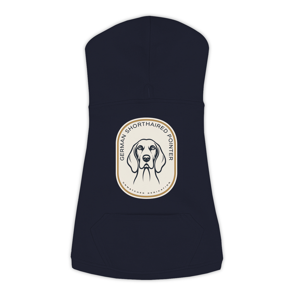 German Shorthaired Pointer dog hoodie in Navy — gold crest emblem print on cosy fleece pullover