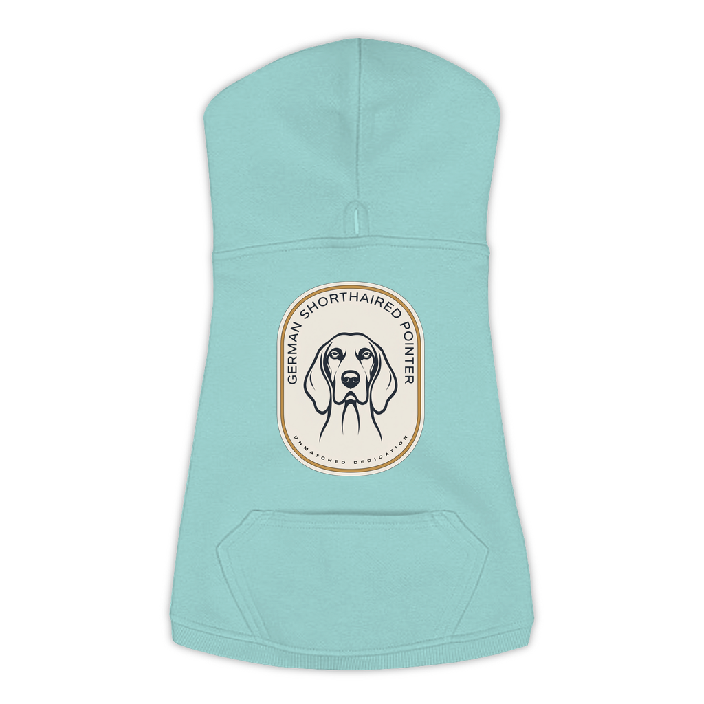 German Shorthaired Pointer dog hoodie in Saltwater — gold crest emblem print on cosy fleece pullover