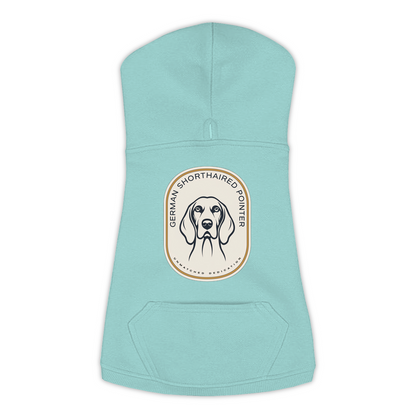 German Shorthaired Pointer dog hoodie in Saltwater — gold crest emblem print on cosy fleece pullover