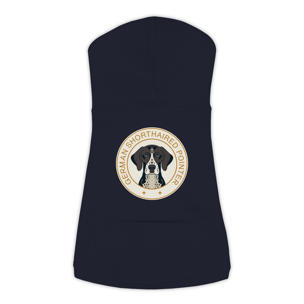 German Shorthaired Pointer dog hoodie in Navy — vintage roundel badge print on cosy fleece pullover