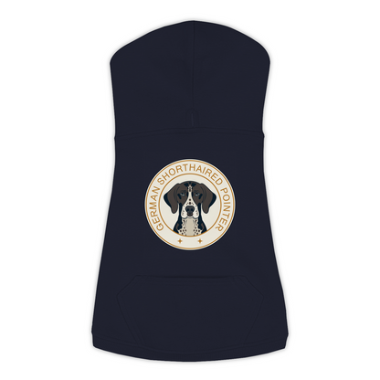 German Shorthaired Pointer dog hoodie in Navy — vintage roundel badge print on cosy fleece pullover
