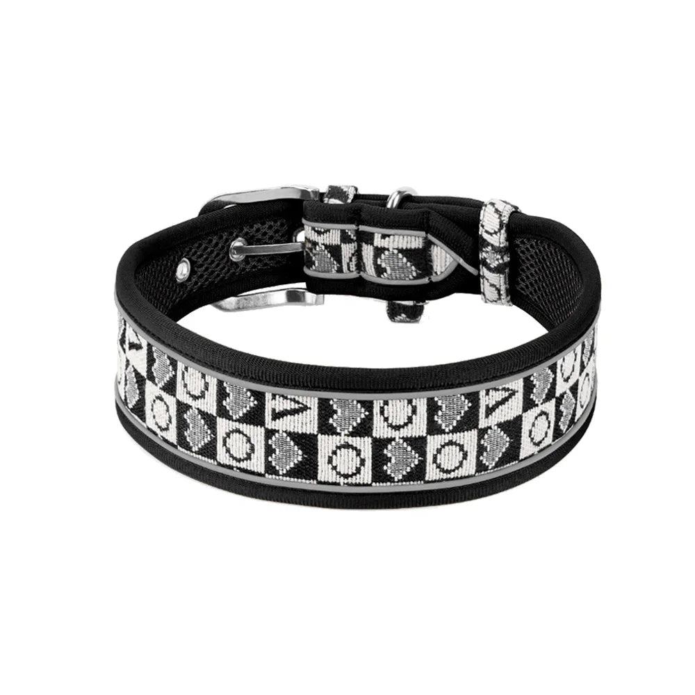 GlowGuard reflective dog collar in black — flat lay product photo — SniffWaggleNWalk