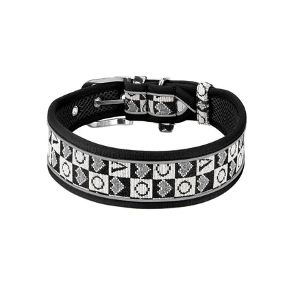 GlowGuard reflective dog collar in black — flat lay product photo — SniffWaggleNWalk