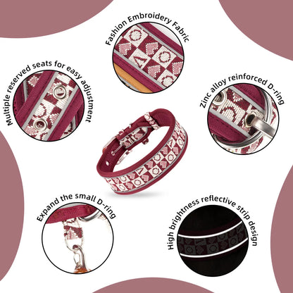 GlowGuard dog collar feature overview — embroidered fabric, D-ring, adjustable holes, reflective strip — SniffWaggleNWalk