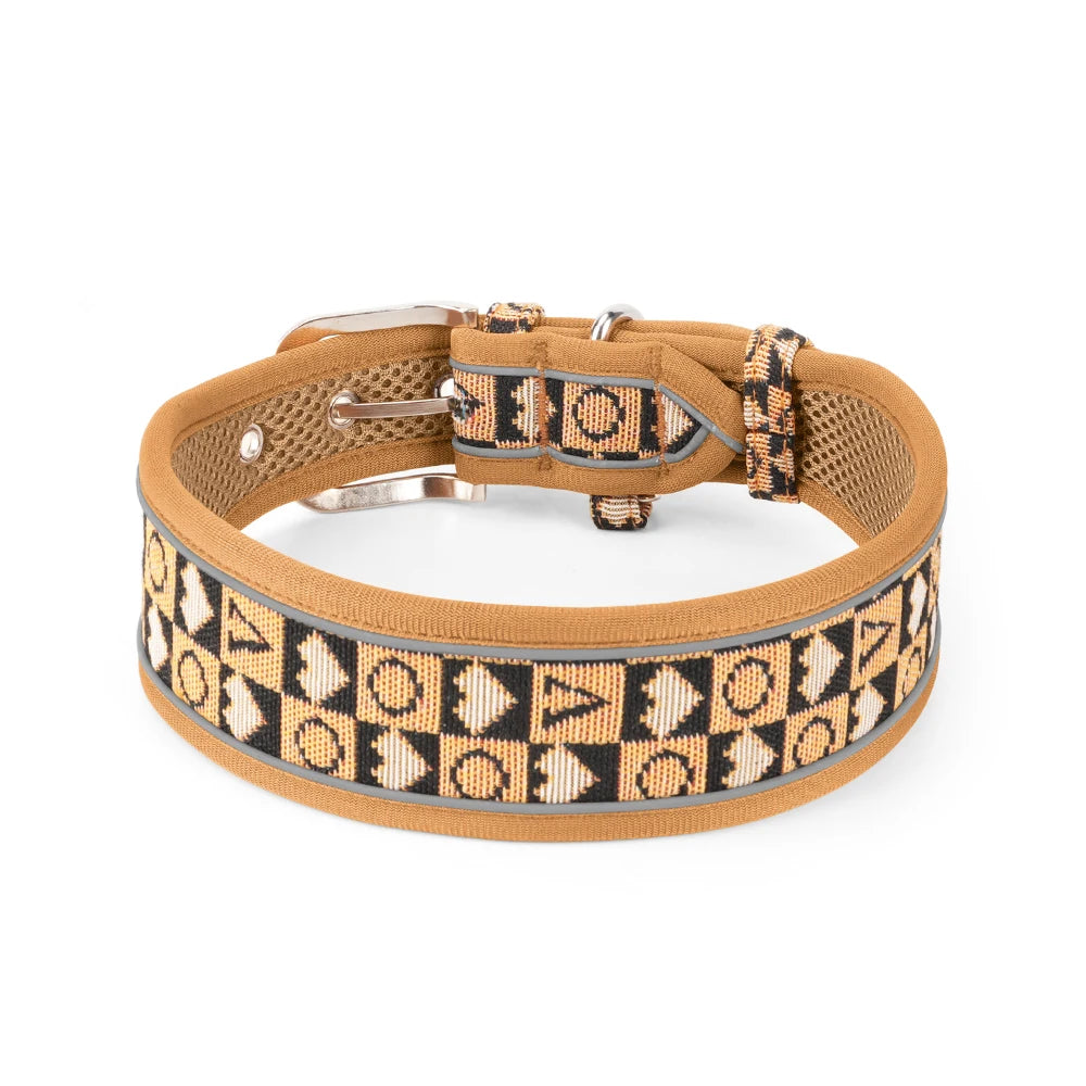 GlowGuard reflective dog collar in khaki — flat lay product photo — SniffWaggleNWalk