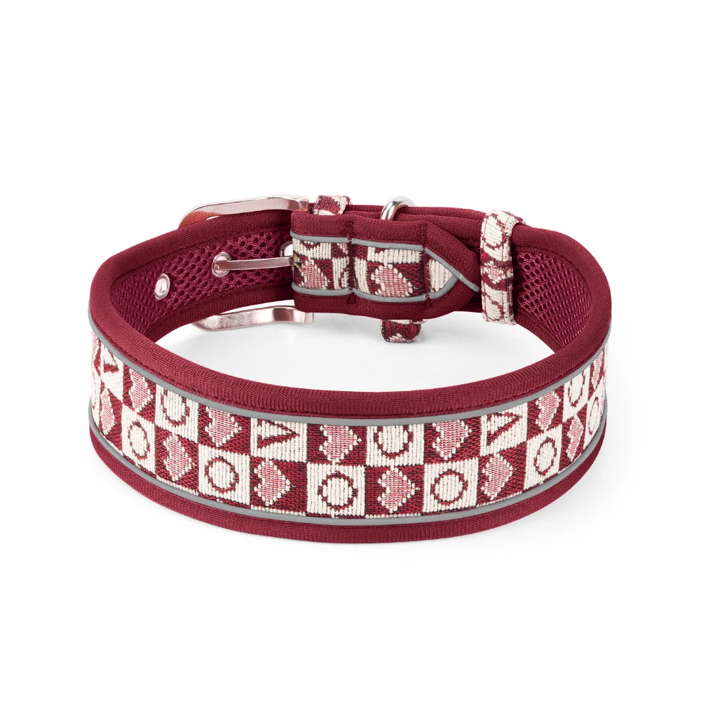 GlowGuard reflective dog collar in red — flat lay product photo — SniffWaggleNWalk