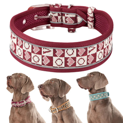 GlowGuard reflective dog collar in red — wide padded design shown with size comparison on Weimaraner — SniffWaggleNWalk