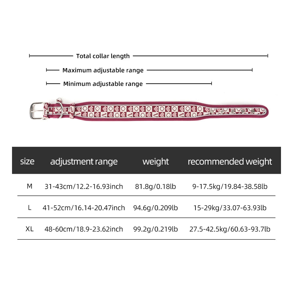GlowGuard dog collar size chart — M 31-43cm, L 41-52cm, XL 48-60cm neck circumference — SniffWaggleNWalk