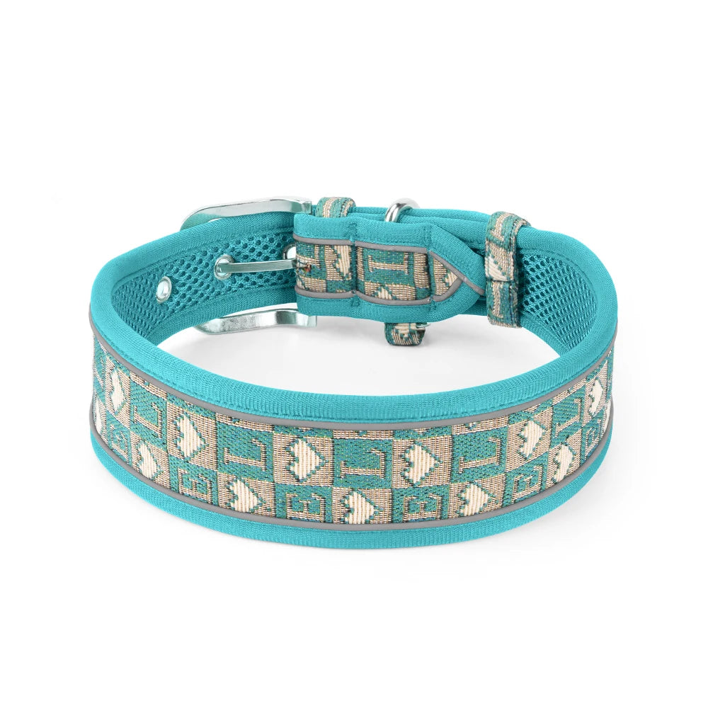 GlowGuard reflective dog collar in teal — flat lay product photo — SniffWaggleNWalk