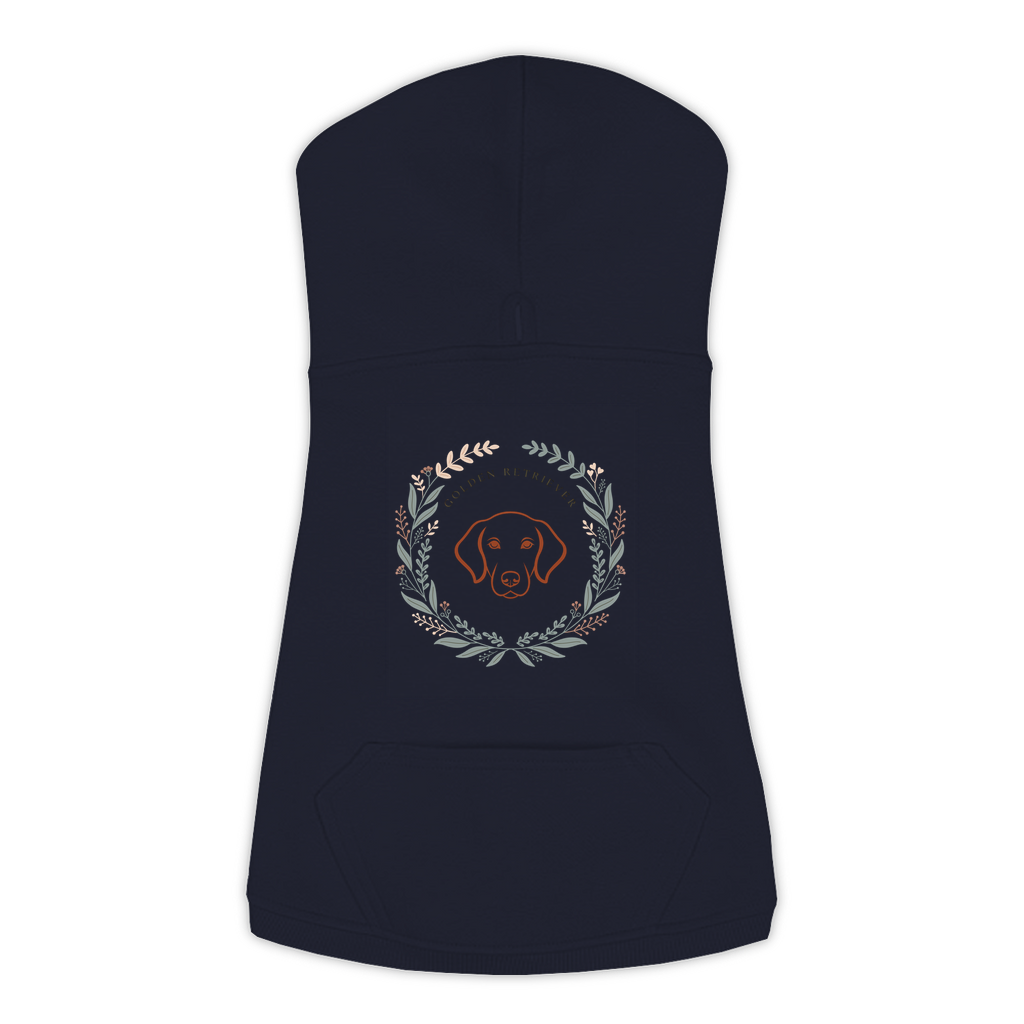 Golden Retriever dog hoodie in Navy — boho-inspired print on cosy fleece pullover, size XL