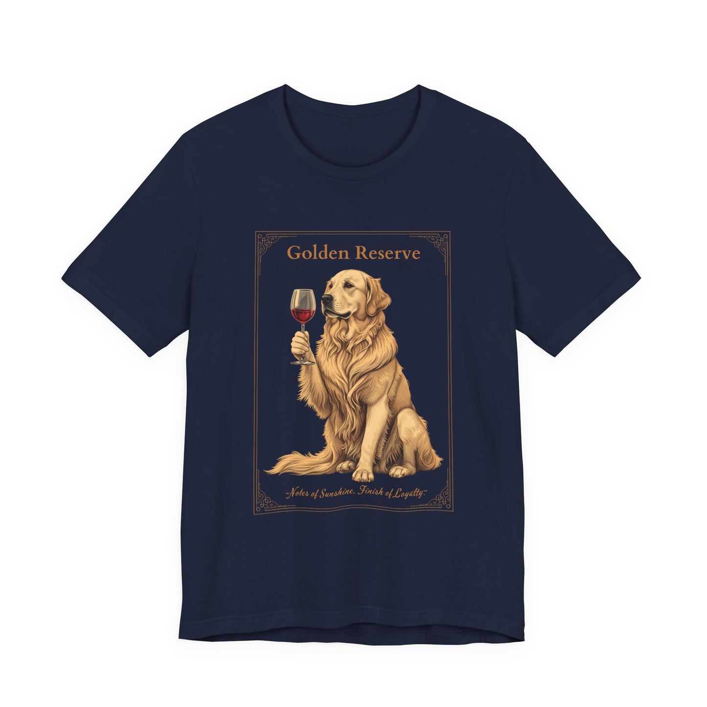 Close-up of Golden Retriever Breed Sommelier wine label design on black t-shirt