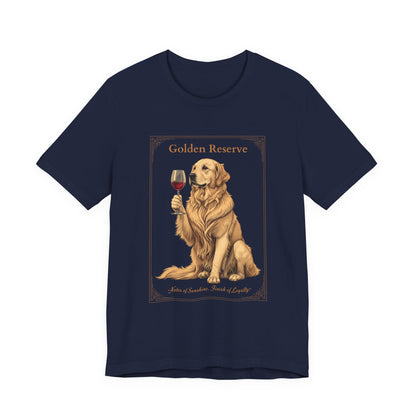 Close-up of Golden Retriever Breed Sommelier wine label design on black t-shirt