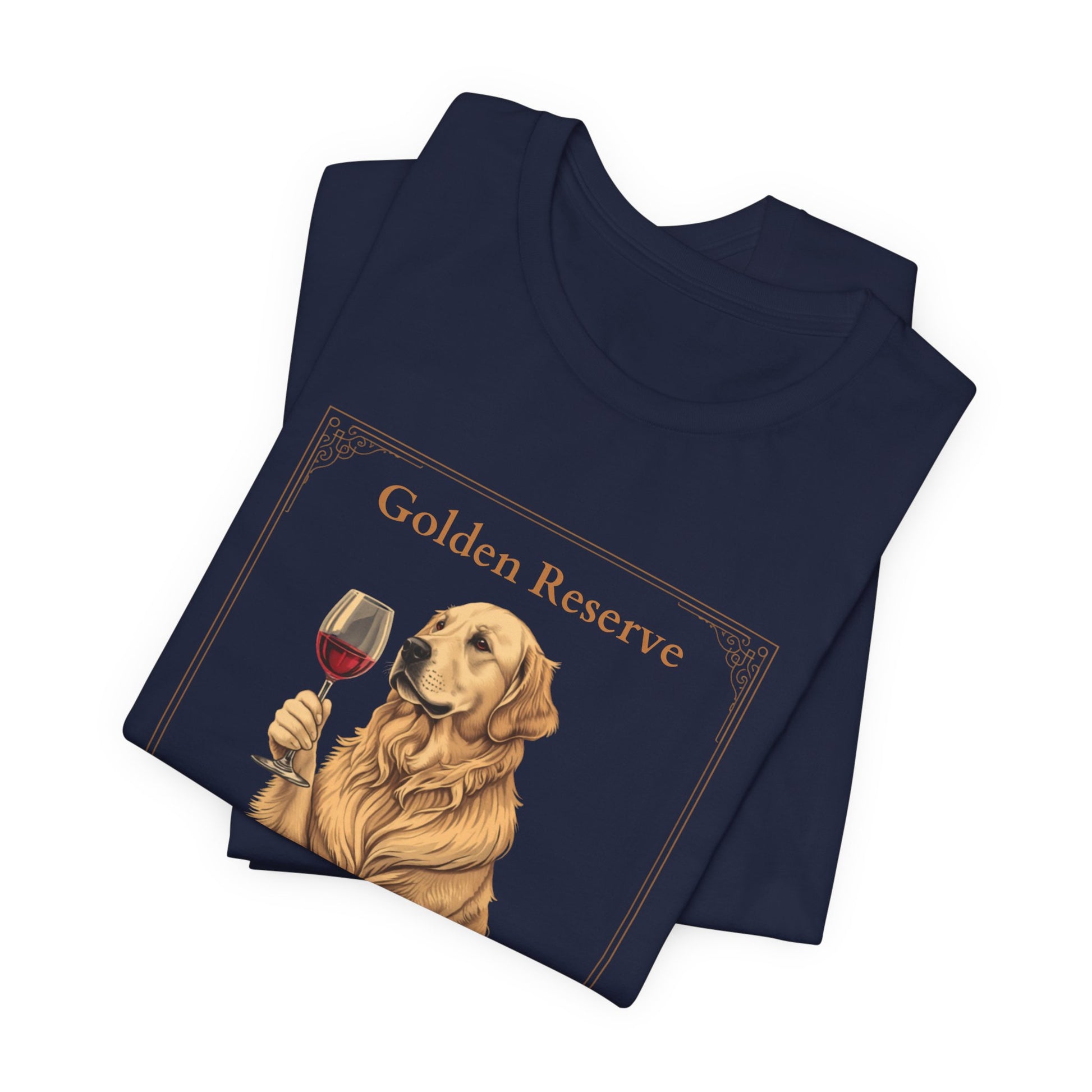 Close-up of Golden Retriever Breed Sommelier wine label design on dark grey heather t-shirt