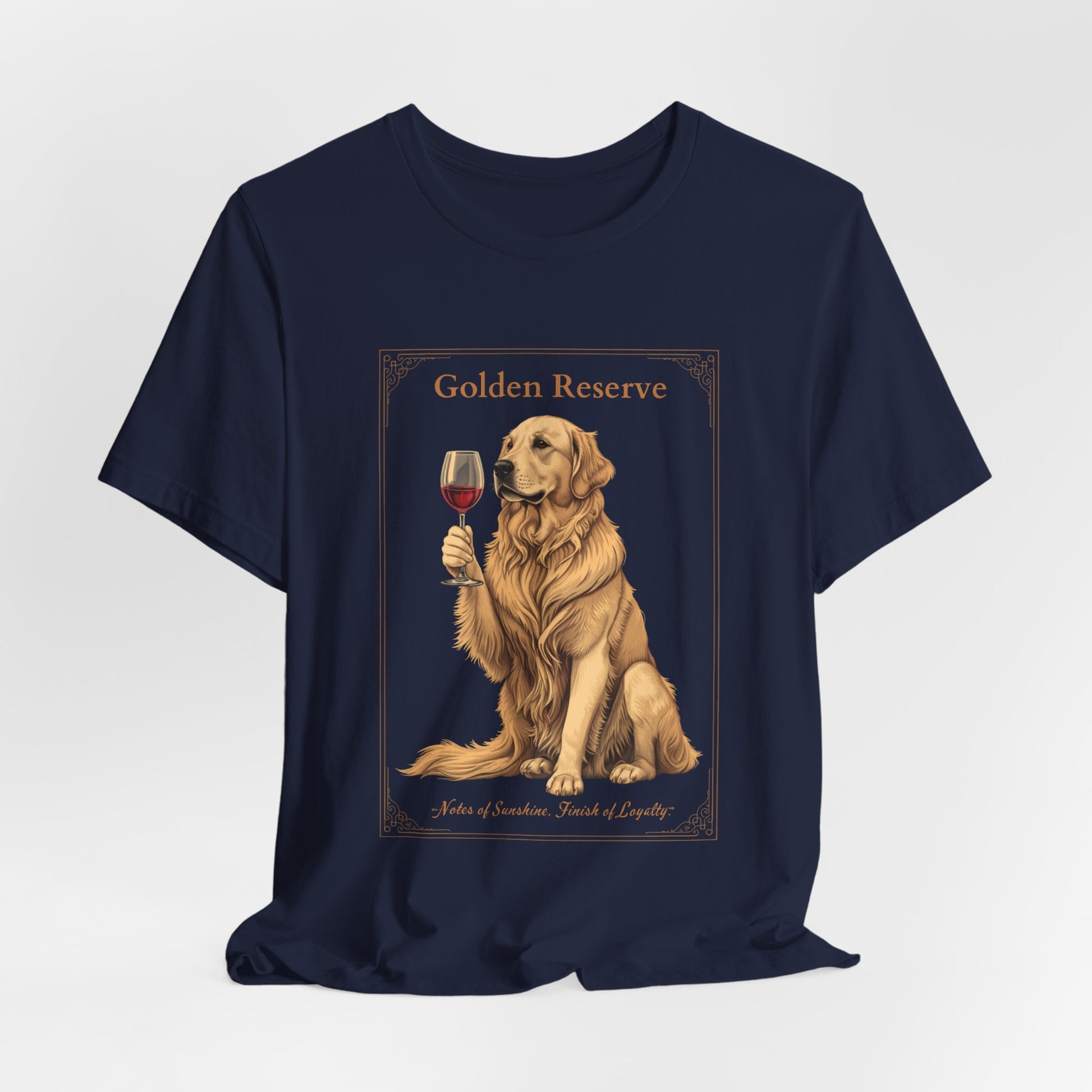 Close-up of Golden Retriever Breed Sommelier wine label design on navy t-shirt