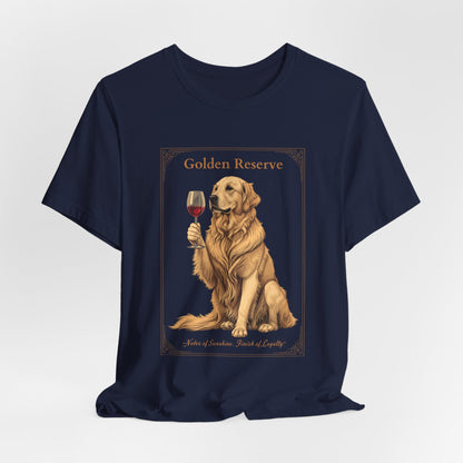 Close-up of Golden Retriever Breed Sommelier wine label design on navy t-shirt