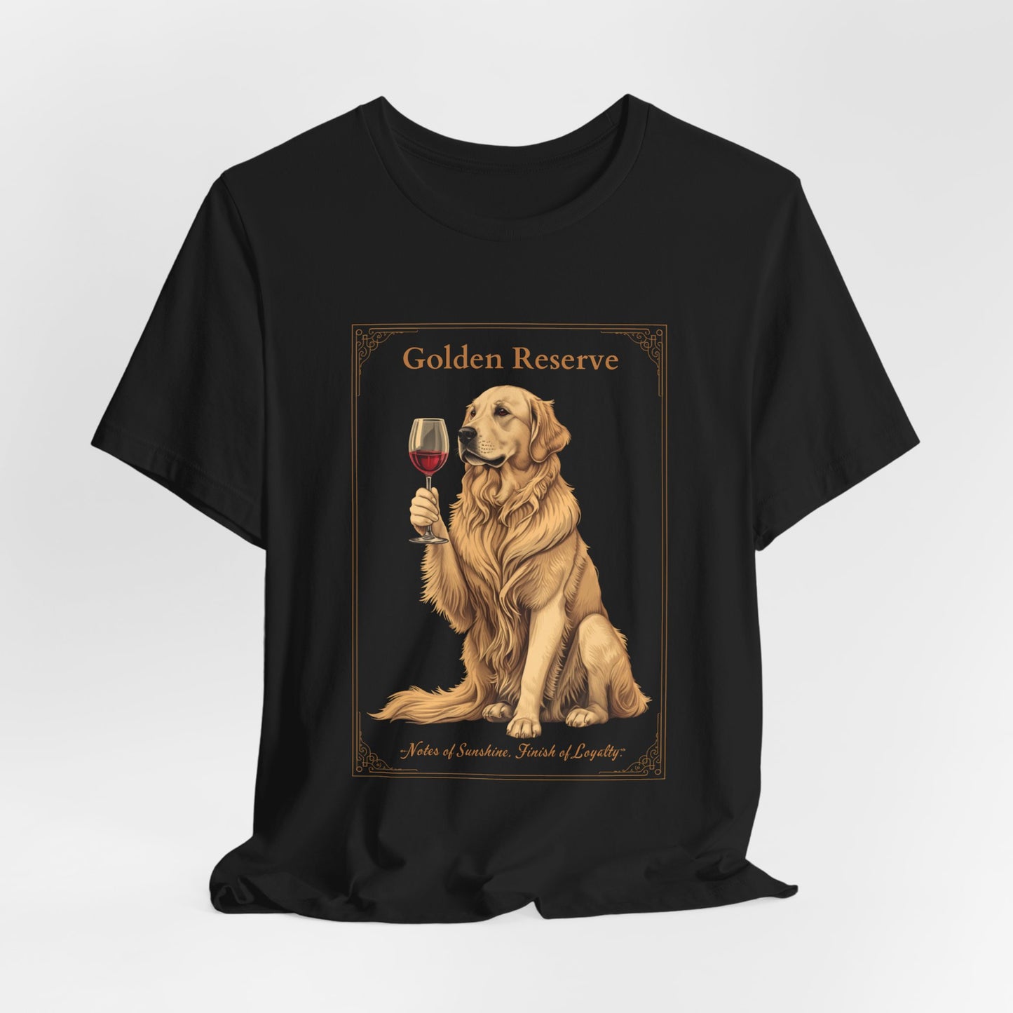 Model wearing Golden Retriever Breed Sommelier t-shirt in black — lifestyle photo
