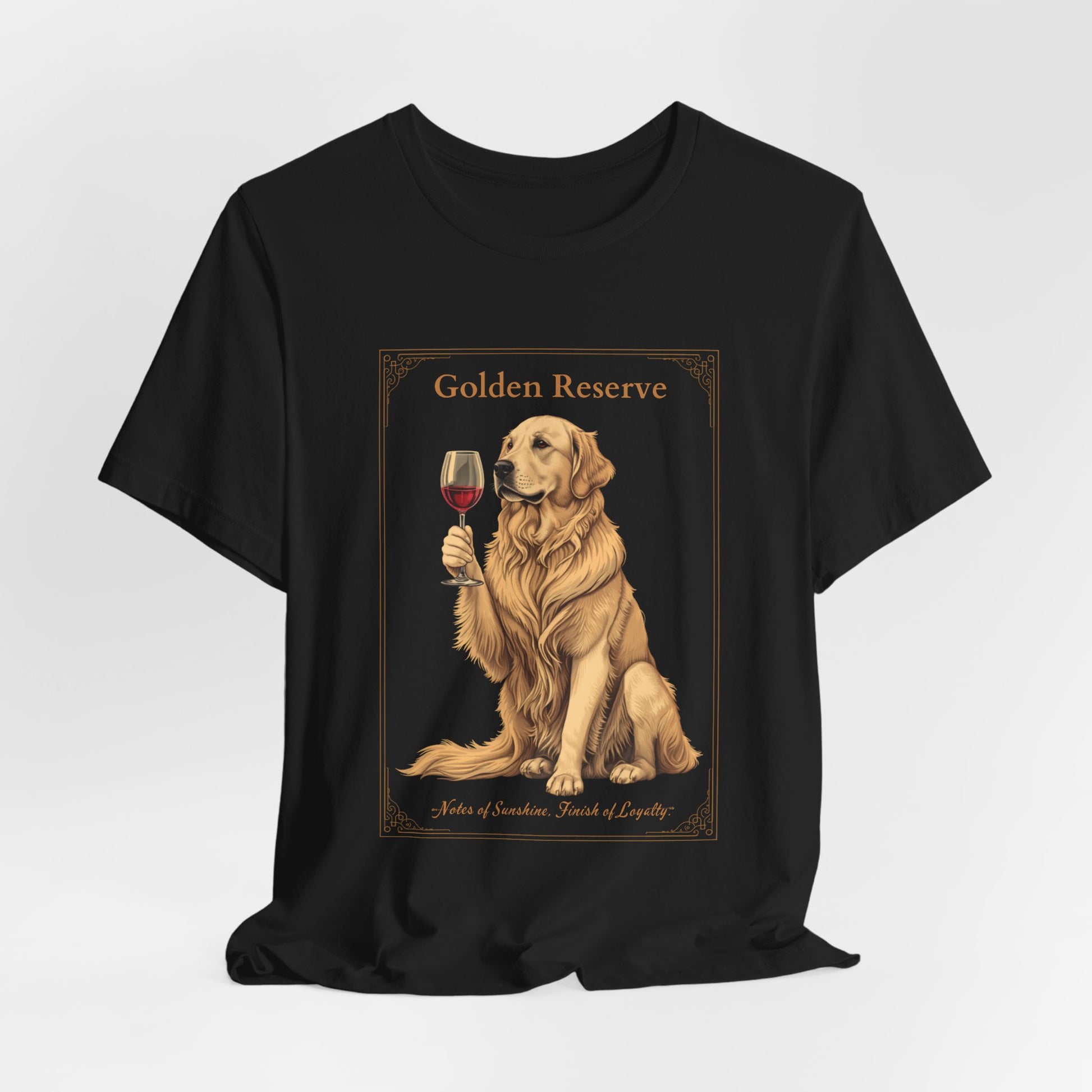 Model wearing Golden Retriever Breed Sommelier t-shirt in black — lifestyle photo