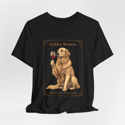 Model wearing Golden Retriever Breed Sommelier t-shirt in black — lifestyle photo