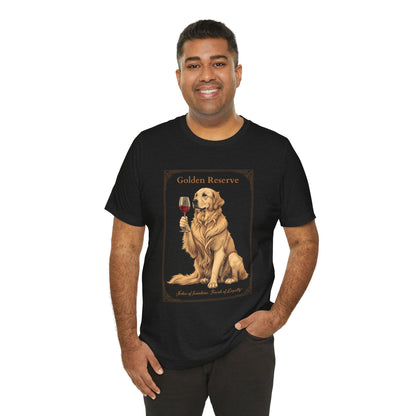 Model wearing Golden Retriever Breed Sommelier t-shirt in black — lifestyle photo