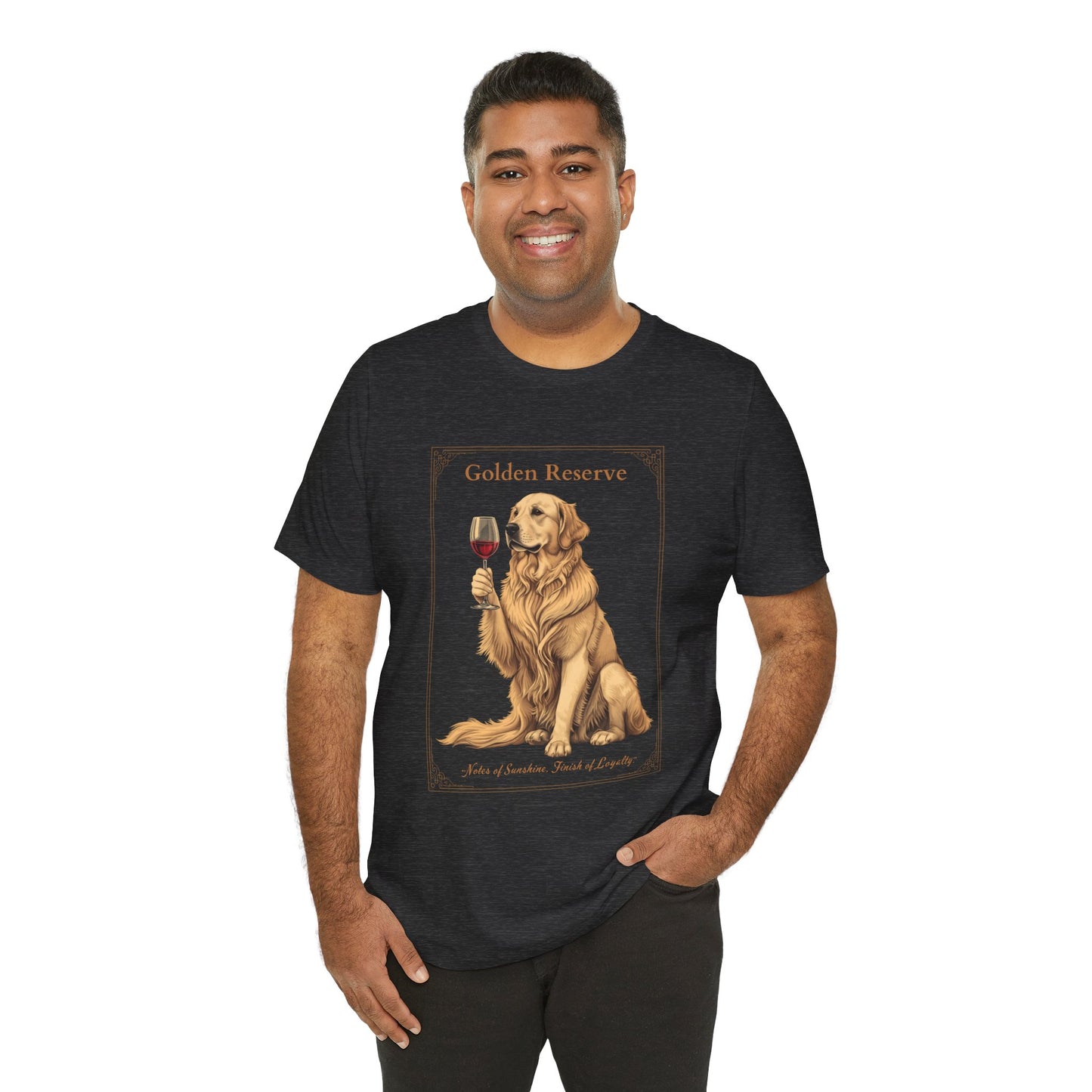Model wearing Golden Retriever Breed Sommelier t-shirt in black heather — lifestyle photo