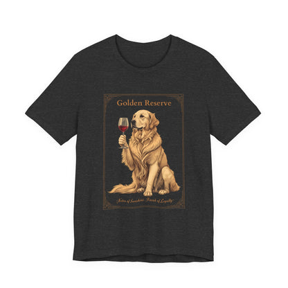 Model wearing Golden Retriever Breed Sommelier t-shirt in black heather — lifestyle photo