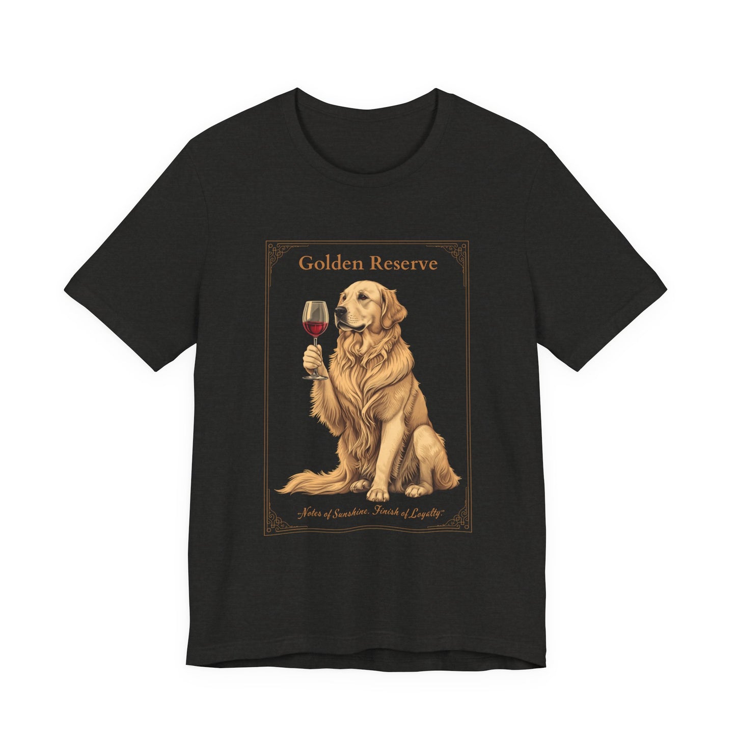 Model wearing Golden Retriever Breed Sommelier t-shirt in dark grey heather — lifestyle photo
