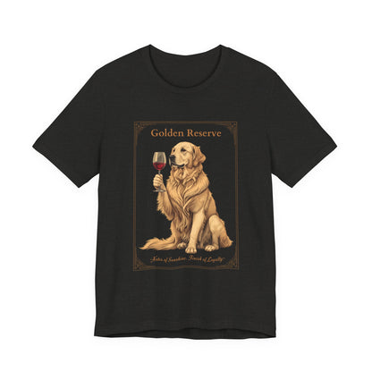 Model wearing Golden Retriever Breed Sommelier t-shirt in dark grey heather — lifestyle photo