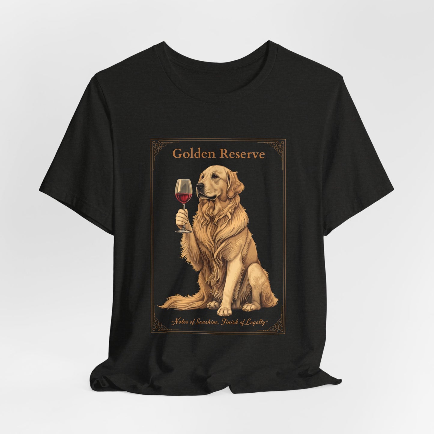 Model wearing Golden Retriever Breed Sommelier t-shirt in navy — lifestyle photo