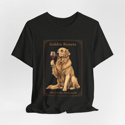 Model wearing Golden Retriever Breed Sommelier t-shirt in navy — lifestyle photo