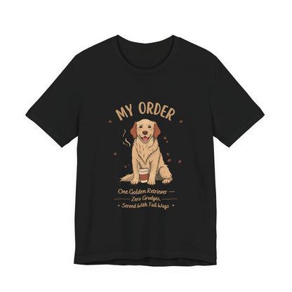 Golden Retriever Café Order T-Shirt – Black – Flat Lay