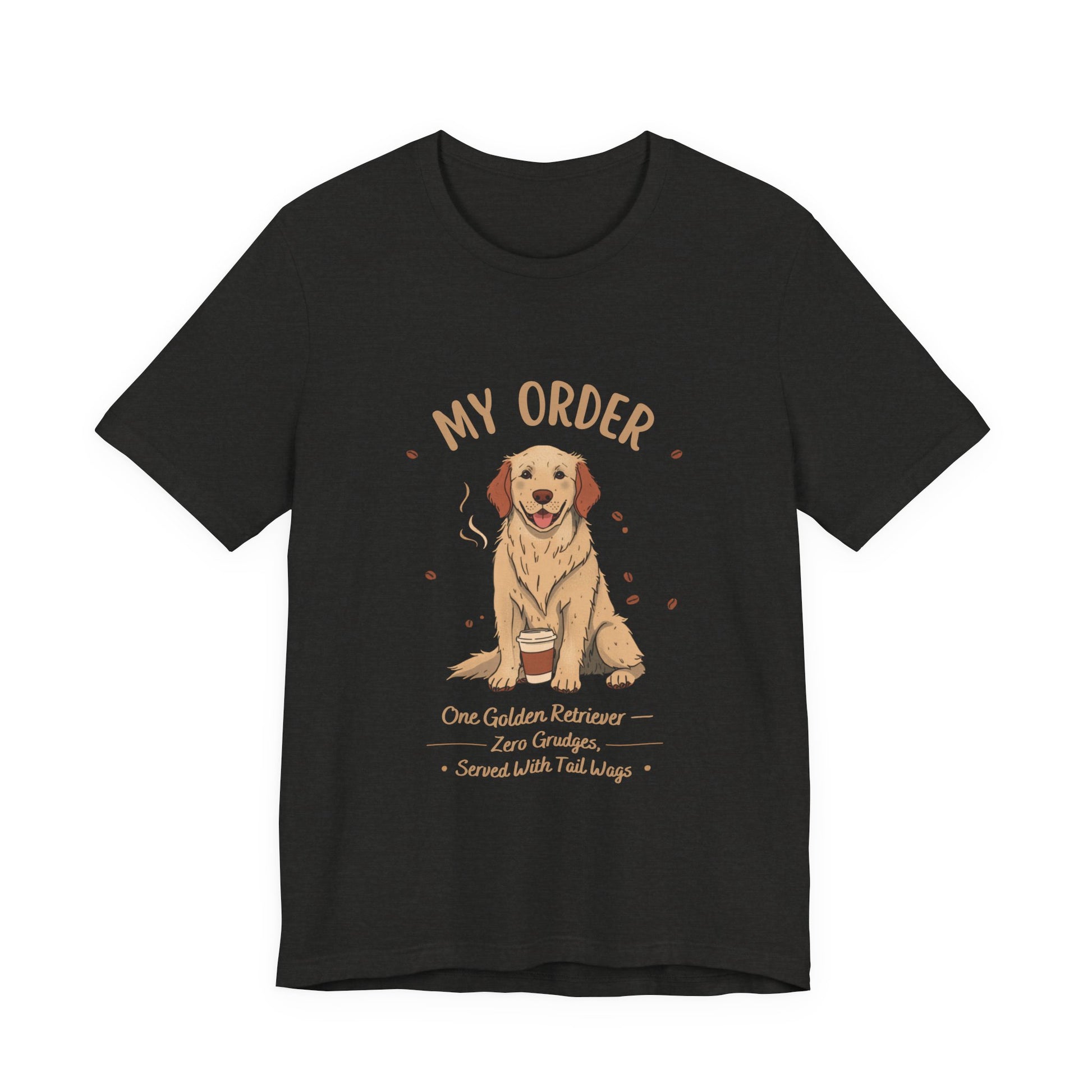 Golden Retriever Café Order T-Shirt – Black Heather – Front View