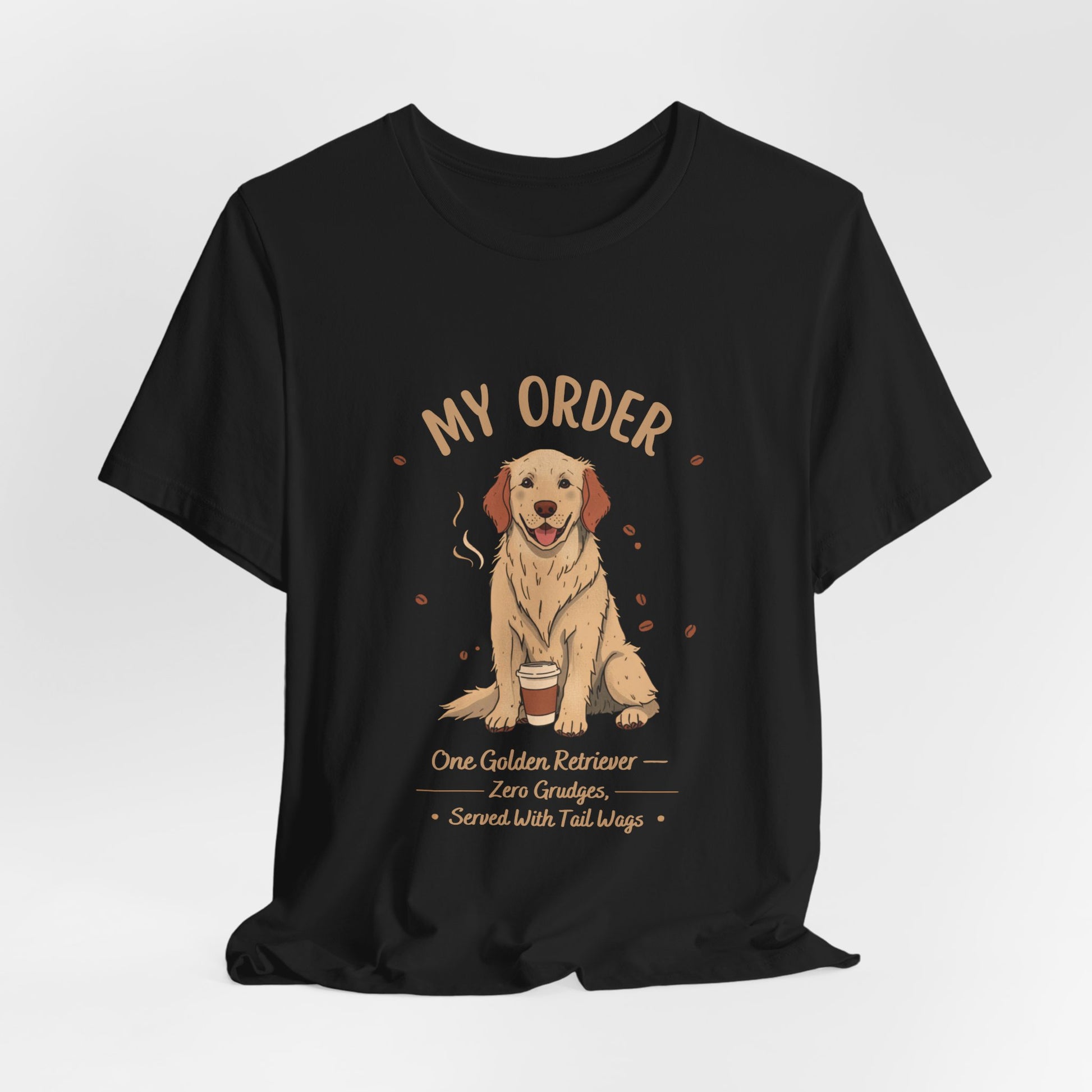 Golden Retriever Café Order T-Shirt – Dark Grey Heather – Side View