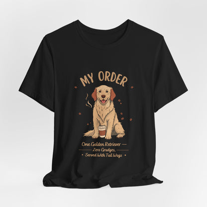 Golden Retriever Café Order T-Shirt – Dark Grey Heather – Side View