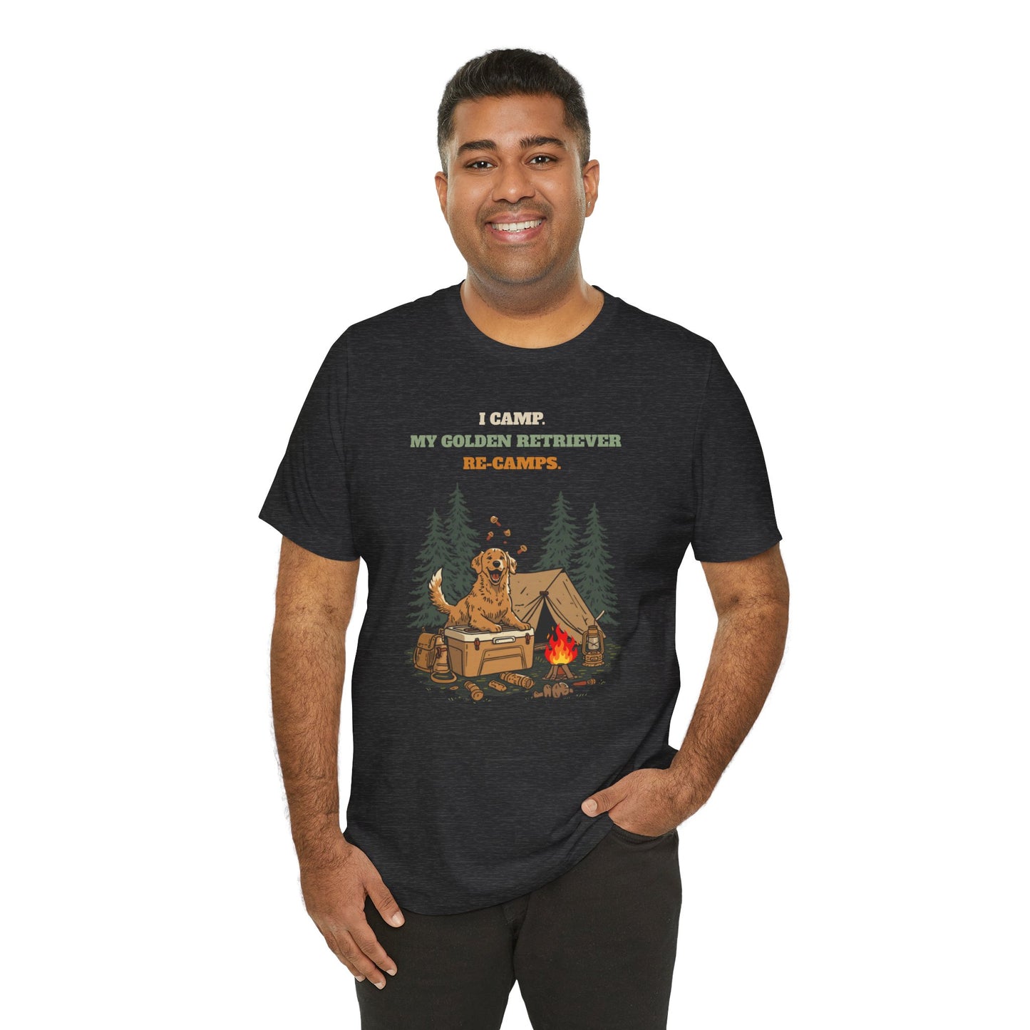 Golden Retriever camping tee model front pose