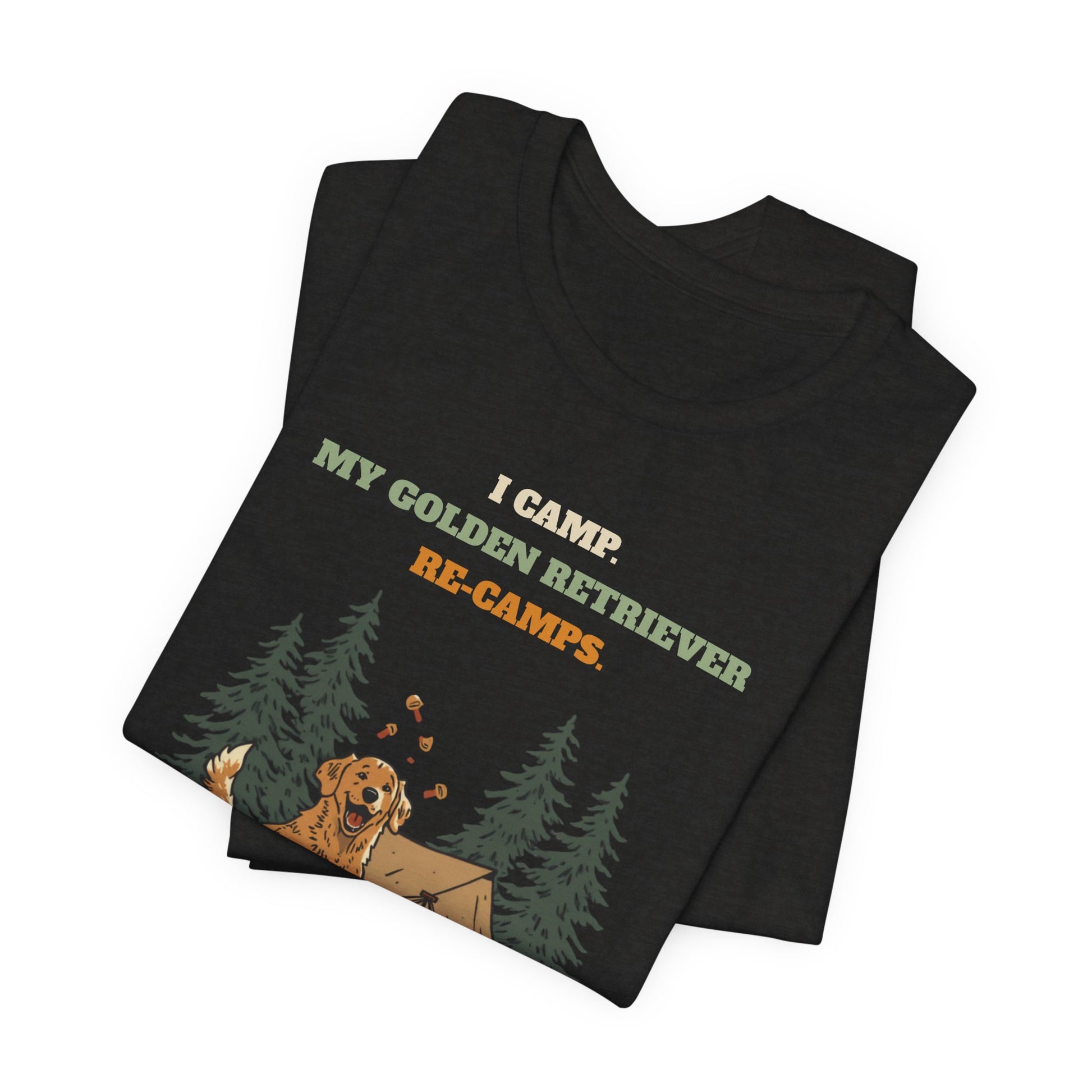 Golden Retriever camping t-shirt Dark Grey Heather colourway